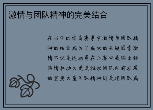 激情与团队精神的完美结合