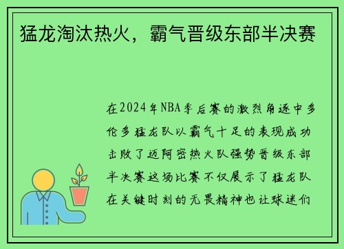 猛龙淘汰热火，霸气晋级东部半决赛